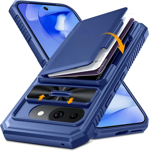 Vista 23 de CENMASO - Funda para Google Pixel 9 Pro XL con tarjetero (4 tarjetas), funda deslizante para cámara y función atril, bloqueo RFID, protección