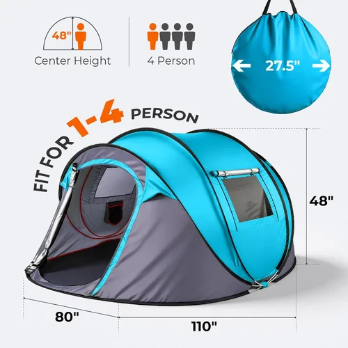 Vista 2 de Tienda de campaña desplegable fácil para 4 personas, instalación automática impermeable, 2 puertas, tienda de campaña familiar instantánea