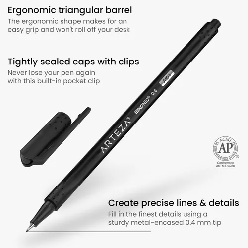 Vista 2 de ARTEZA - Plumones Black Inkonic Fineliners, juego de 12, marcadores de punta fina de 0.4 mm, plumones de arte a base de agua para dibujar, hacer