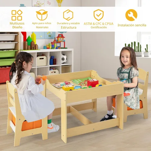 Vista 3 de Costzon - Juego de mesa y sillas para niños, escritorio de actividades multifuncional de madera para niños pequeños con mesa reversible, cajones