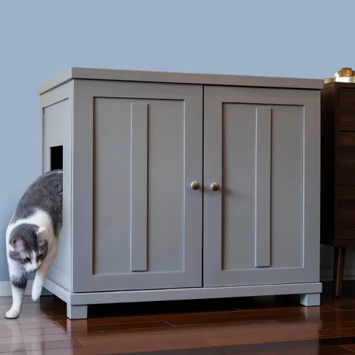 Vista 12 de THE REFINED FELINE Armario de caja de arena para gatos, agitador, gris humo, niveladores ajustables, grande, muebles ocultos para gatos con cajón