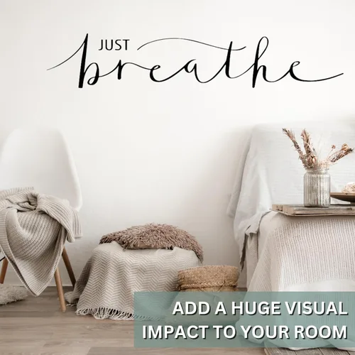 Vista 3 de Aldera Graphics Calcomanía de vinilo para pared, cita inspiradora, calcomanías de letras con texto en inglés "Just Breathe Words" - Mural