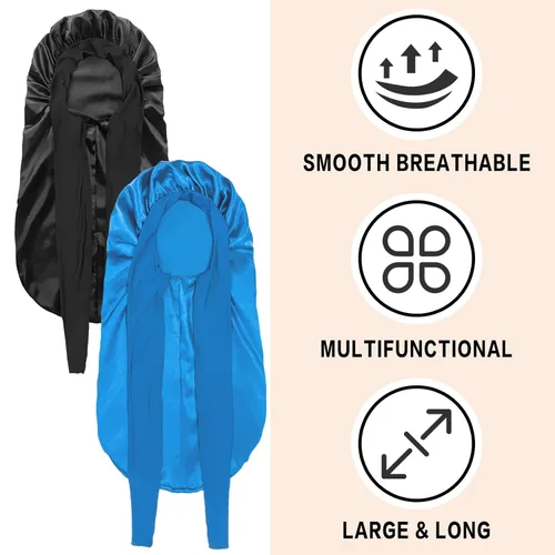 Vista 3 de 2 Gorros para Mujeres Negras Gorro de Trenzas, Gorro de Satén Grande y Largo para Trenzas, Gorro de Seda con Banda de Amarre Elástica Extensible