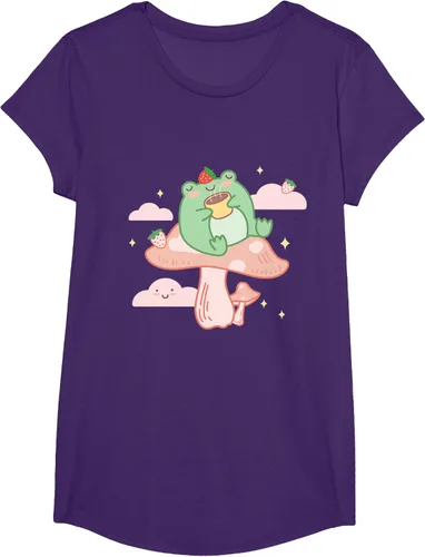 Vista 15 de Kawaii Strawberry Frog On Mushroom - Camiseta de manga corta de anime, Azul / Patchwork, S Azul Pastel