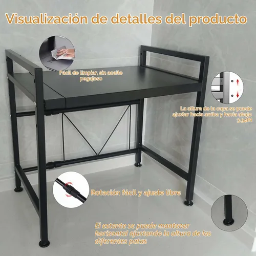 Vista 3 de Estante para horno de microondas, soporte para microondas, estante ajustable con 6 ganchos, estante para microondas, soporte para microondas