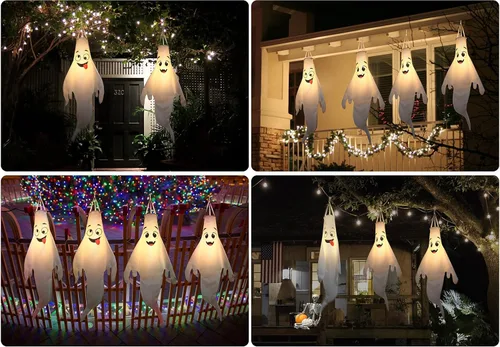 Vista 5 de Decoraciones de Halloween, para colgar al aire libre, calcetines de viento fantasma para árboles con temporizador, fantasmas LED para colgar