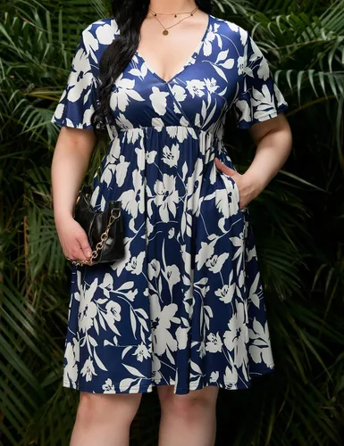 Vista 5 de ShopWonder Vestido de talla grande para mujer, con cuello en V, acampanado, largo hasta la rodilla, vestido de fiesta, minivestido de fiesta