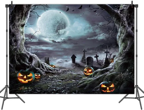 Vista 5 de Telón de fondo de fotografía de Halloween de 7 x 5 pies, horrible farol de calabaza y telón de fondo de noche de luna llena para decoración