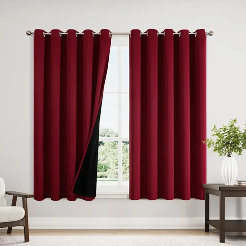 Vista 103 de ChrisDowa Cortinas 100% opacas de 63 pulgadas de largo para dormitorio con forro negro, 2 capas gruesas totalmente opacas con aislamiento térmico