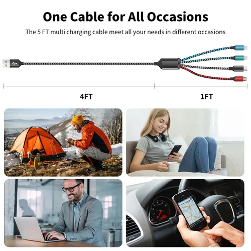 Vista 6 de Cable de Carga Múltiple, Cables de Carga 4 en 1 para Múltiples Dispositivos de Nylon Trenzado Cargador Universal Cable Cargador de Teléfono con 2