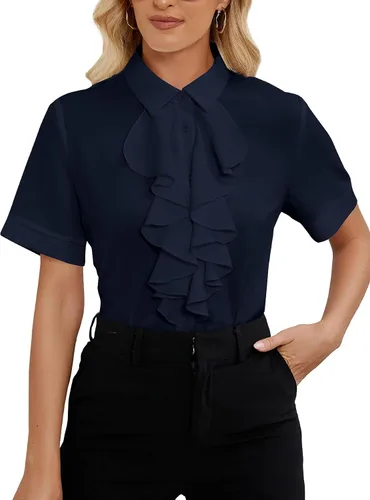Vista 10 de Vrtige Women's Ruffle Front Collar Neck Button Down Short Sleeve Blouse Shirt Top