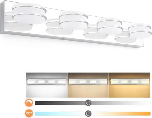 Vista 22 de 3 lámparas de baño regulables de temperatura de color para sobre espejo, lámparas de tocador LED cromadas de 3 luces, lámparas de tocador de baño