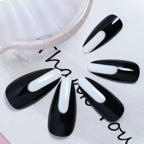 Vista 4 de 24 uñas postizas medianas a presión, color blanco y negro, uñas con pegamento en forma de almendra, uñas postizas brillantes con diseños, uñas