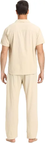 Vista 3 de RPOVIG Conjunto de camisa de lino y pantalones conjuntos de lino de 2 piezas para hombre, camisas de manga corta, pantalones de yoga, trajes