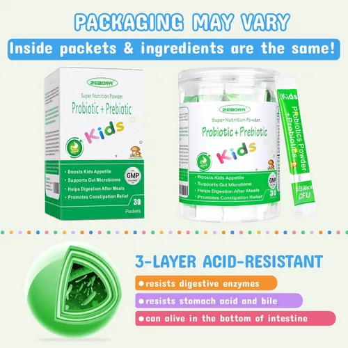 Vista 4 de Probióticos y prebióticos para niños en polvo a partir de 3 años, apoyo al sistema digestivo e inmunológico para niños con fuente natural, promueve