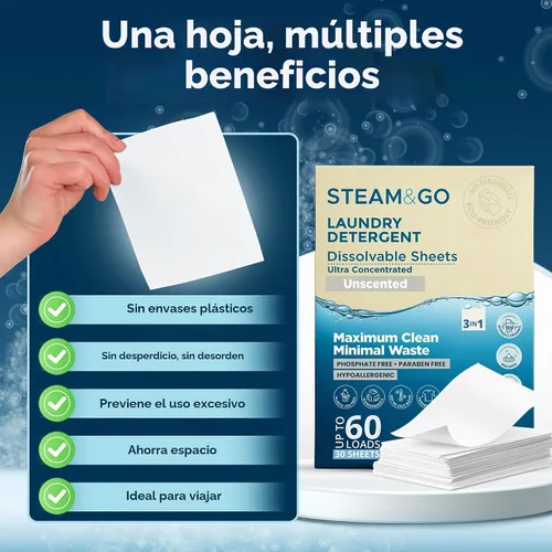 Vista 5 de Steam & Go 3 en 1 hojas de detergente solubles para ropa, hipoalergénicas