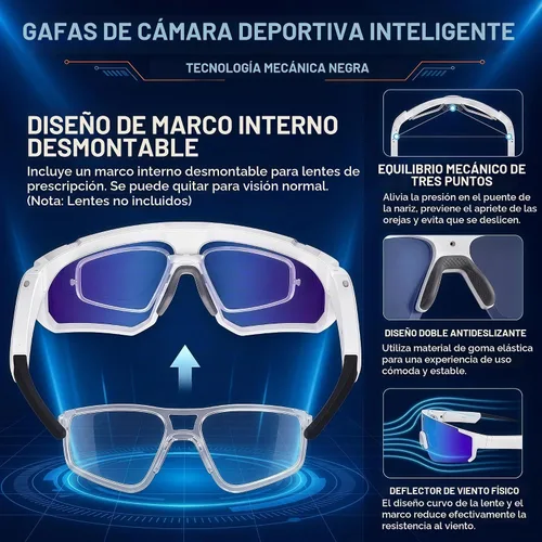 Vista 5 de Gafas de sol inteligentes Sport AI con cámara POV 4K (negro/azul hielo) Audio y video, traducción en tiempo real, asistente de voz AI