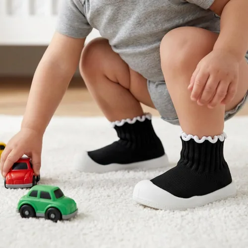 Vista 2 de Zapatos de calcetín para bebé niña, con volantes, antideslizantes, suela de goma suave, ligeros, transpirables, zapatos descalzos
