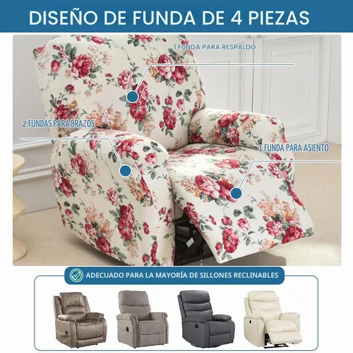 Vista 3 de KRFOONN Fundas elásticas para sillón reclinable con estampado, fundas para sillas reclinables de 4 piezas, fundas para sillón reclinable Lazy Boy