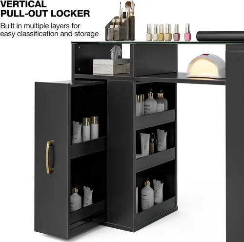 Vista 13 de Mesa de manicura en forma de L con estantes, estación de mesa de uñas con parte superior de cristal, resistente a acetona, con cajones de Negro