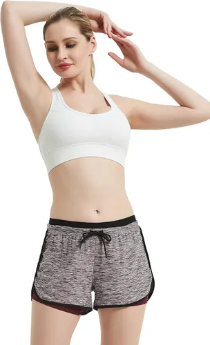 Vista 3 de Riboom - Pantalones cortos de doble capa para mujer, para entrenamiento, fitness, correr, yoga, gimnasio, deportes.