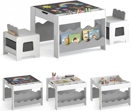Vista 21 de Costzon - Juego de mesa y sillas para niños, escritorio de actividades multifuncional de madera para niños pequeños con mesa reversible, cajones