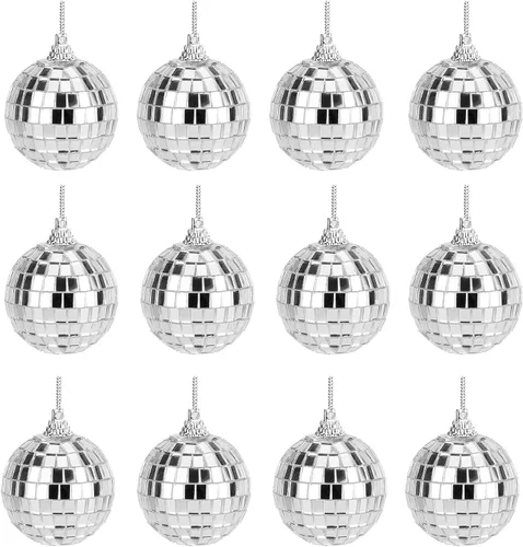 Vista 7 de Juego de bolas de discoteca con espejo, decoración de fiesta de discoteca plateada, bolas de Navidad reflectantes brillantes fáciles de colgar