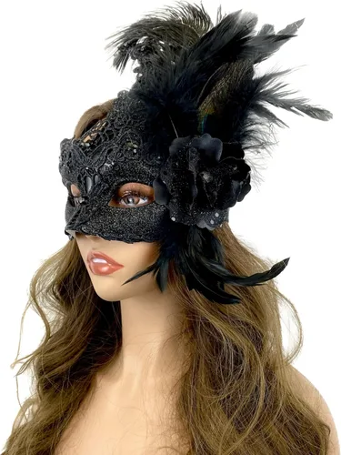 Vista 3 de Máscara de plumas venecianas para mujer, disfraz de Halloween, Mardi Gras, cosplay, fiesta de boda