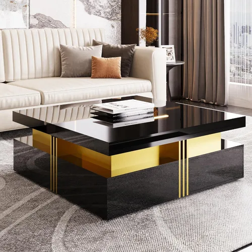 Vista 9 de SSLine Moderna mesa de centro cuadrada de color negro y dorado, mesa de centro de cóctel de mármol sintético de lujo con 4 cajones de Mármol negro