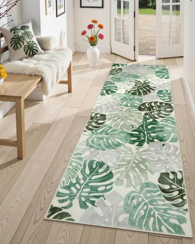 Vista 26 de Wonnitar Leaf - Alfombra de cocina de 2x3 pies, alfombra azul pequeña para baño, alfombra decorativa lavable para mesita de noche, planta