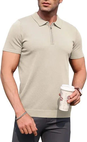 Vista 10 de RQP Camisas polo con cremallera para hombre, camisas casuales de punto de manga corta/larga, camisas de golf elásticas ajustadas, suéter suave