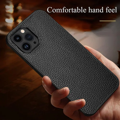 Vista 3 de Funda de cuero para iPhone 14/14 Plus/14 Pro/14 Pro Max, piel auténtica de lujo, ajuste delgado, ligera, antideslizante, a prueba de golpes, funda