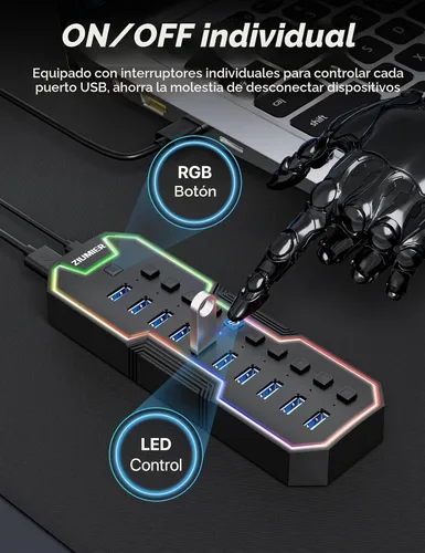 Vista 3 de Hub USB alimentado, concentrador USB 3.0 de 10 puertos con tira de LED RGB y adaptador de corriente de 12 V/2 A, extensión USB, interruptores LED