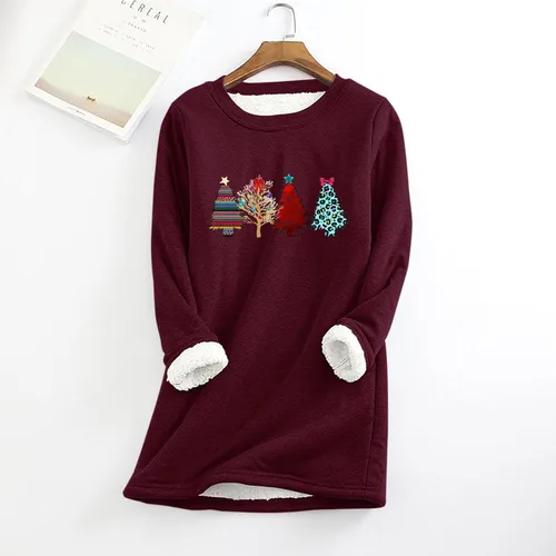 Vista 2 de Sudaderas de Navidad para mujer, cuello redondo, árbol de Navidad, sin botones, divertidas, ropa larga de Navidad
