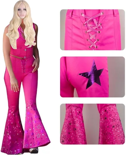Vista 3 de TODFIY Disfraz de heroína de la película para adultos, vestido rosa, pantalón acampanado rosa, disfraz de Halloween para mujeres y niñas con peluca