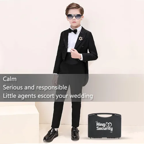 Vista 6 de Juego de regalo para portador de anillos de boda, caja de seguridad para anillos con oreja espía, insignia exclusiva, lentes de sol negros, tarjeta