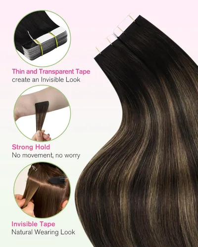 Vista 5 de YoungSee Extensiones de Cabello Humano con Cinta Balayage Extensiones de Cabello con Cinta Marrón Oscuro Extensiones de Cabello con Cinta Ombre