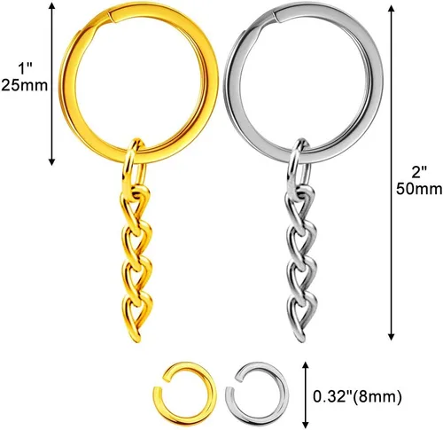 Vista 7 de Kit de 200 anillos de llavero planos, 100 llaveros planos plateados y dorados con cadena, y 100 anillos abiertos plateados y dorados, llaveros a