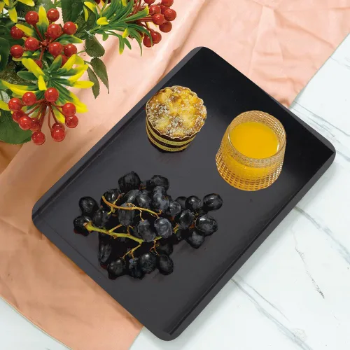 Vista 6 de Bandeja de madera negra para servir, pequeñas bandejas rectangulares de madera maciza, antideslizante, para té, aperitivos, desayuno, platos