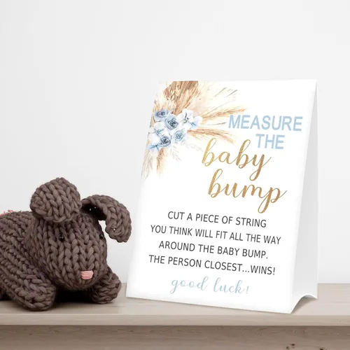 Vista 4 de Letrero de Baby Shower Games Measure the Baby Bump, How Big is Mommy's Belly Party Favors, cartel de pie Kraft de 5 x 7 pulgadas y 50 tarjetas