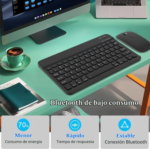 Vista 5 de Combo de teclado y mouse Bluetooth, diseño QWERTY, teclado inalámbrico ultradelgado de 10 pulgadas, sin retrasos, teclado silencioso compatible