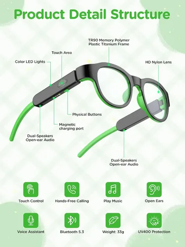Vista 2 de Gafas de luz azul para niños con audio Bluetooth, gafas inteligentes, luz RGB de 7 colores, regalos de gafas inteligentes para niños
