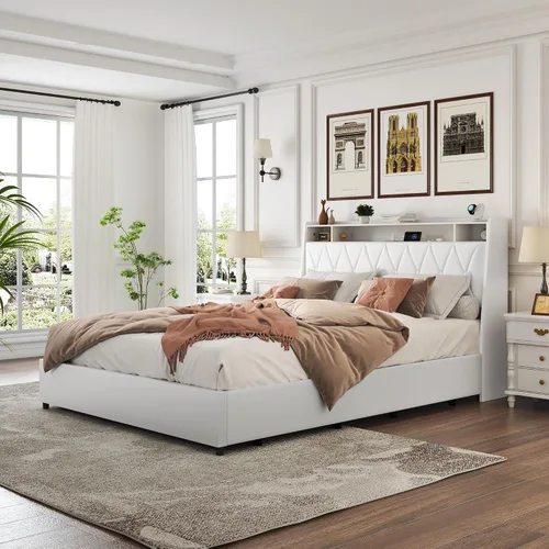 Vista 7 de Base de cama Queen con cabecera ergonómica, base de cama de plataforma tamaño Queen con tomas de corriente y cargador, marco de cama de metal