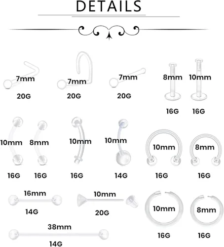 Vista 2 de FECTAS 20-38 piercings transparentes de plástico Bioflex, aretes de nariz, tabique, vientre, cartílago, hélice, pezón, lengua, labio, labret, cejas