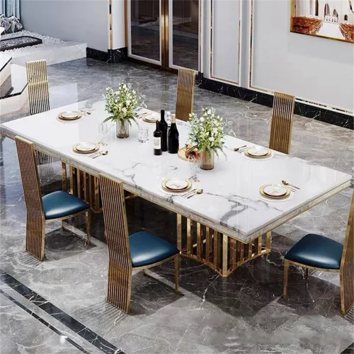 Vista 5 de LAKIQ Mesa de comedor de mármol de estilo lujoso, mesa rectangular moderna para cocina, comedor, mesa de metal dorado, solo sin sillas