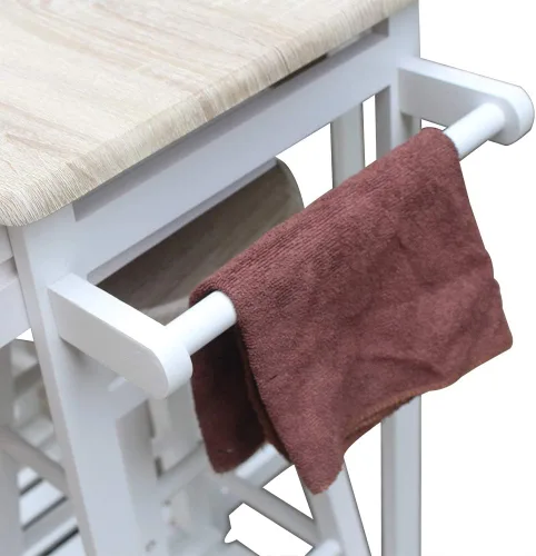 Vista 4 de FCH Drop Leaf Mesa de comedor con juegos de sillas para cocina pequeña, 3 piezas, carrito de cocina de madera con ruedas, 2 taburetes redondos y 2