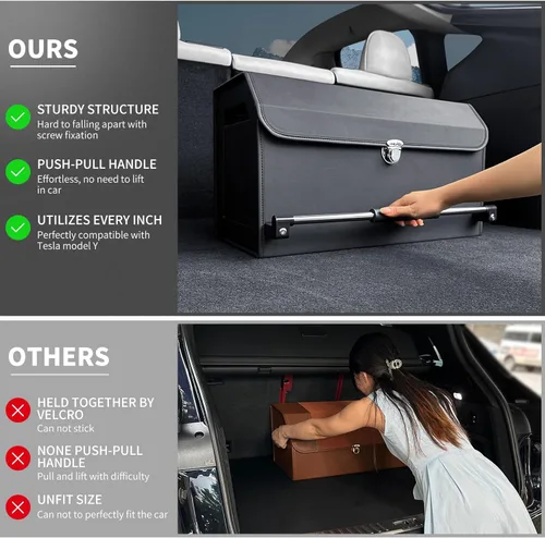 Vista 2 de Organizador de maletero de automóvil, mango de empujar y tirar, plegable de cuero, 2 compartimentos organizadores de automóvil con tapa, organizador
