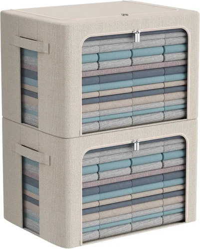 Vista 20 de CYhom Caja de almacenamiento de ropa, juego organizador plegable de tela de lino con ventana transparente, asas de transporte y marco de metal, 2