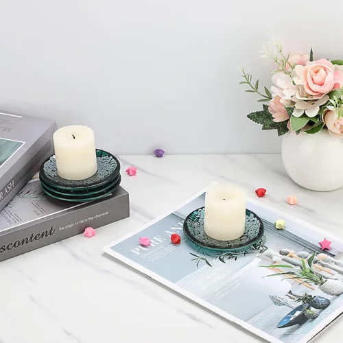 Vista 6 de OwnMy 4 platos y bandejas para velas de vidrio de mosaico de 4 pulgadas, portavelas de pilar, posavasos de mosaico de vidrio, bases decorativas