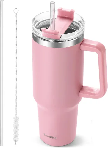 Vista 16 de TaroKitc Vaso de 30 onzas con asa y popote abatible, botella de agua aislada al vacío de triple pared, taza de viaje reutilizable a prueba de fugas